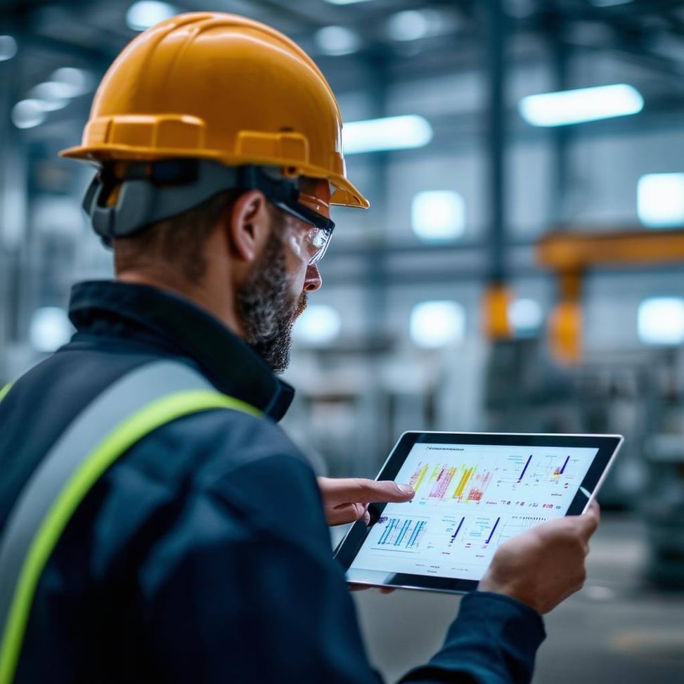 employee using tablet to see the analyzed data gathered by IIoT systems in the working environment