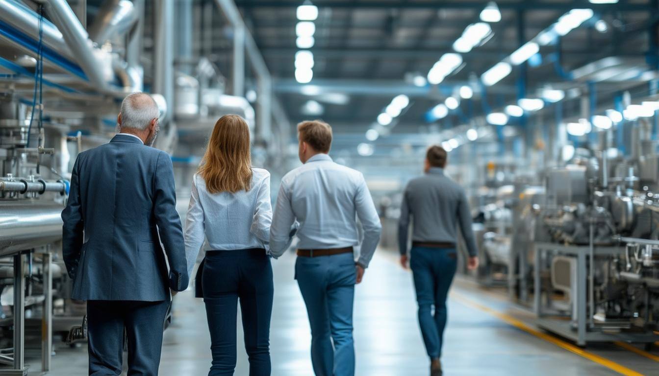 Consultants walking around an industry hall and analyzing the manufacturing processes