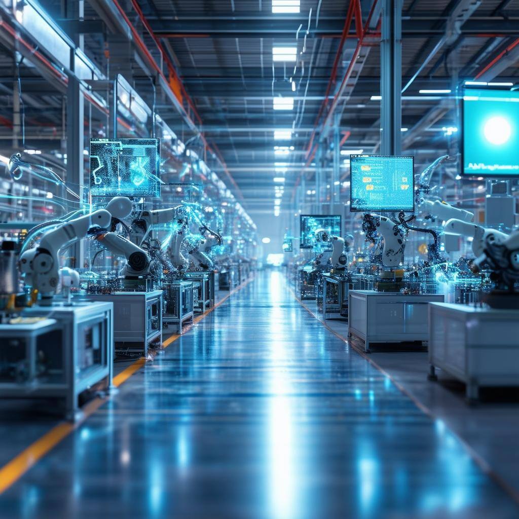 Generate an image of a factory or manufacturing floor with digital screens and robots, symbolizing digital transformation and operational excellence